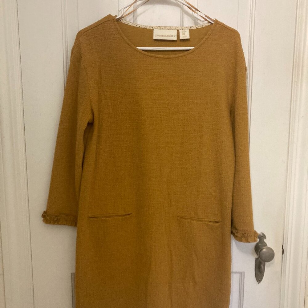 Cynthia Rowley Ochre Mustard Yellow Stretch Dress with Frills